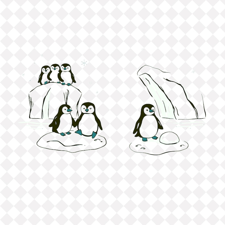 PSD ilustraciónpenguinos icebergs copos de nieve rocaspenguinos acurrucados juntos en icebergs copas de nieve