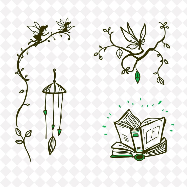 PSD ilustraciónpixies vines wind chimes libros de cuentos pixies traviesas saltando por el aire twisti