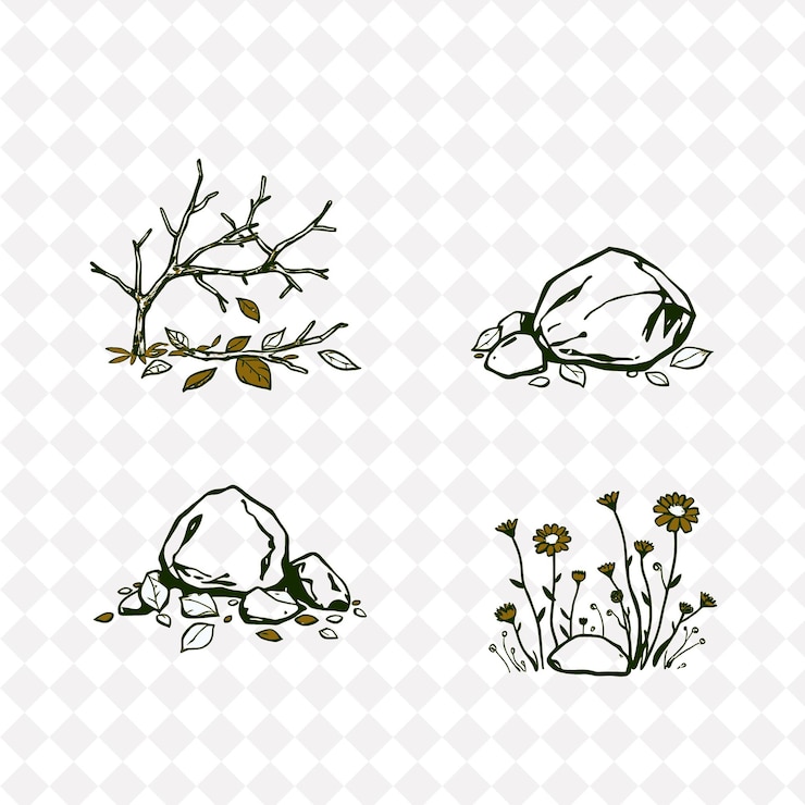 PSD ilustraciónramas caídas hojas rocas flores silvestres ramas crujiendo bajo los pies hojas caídas creatina