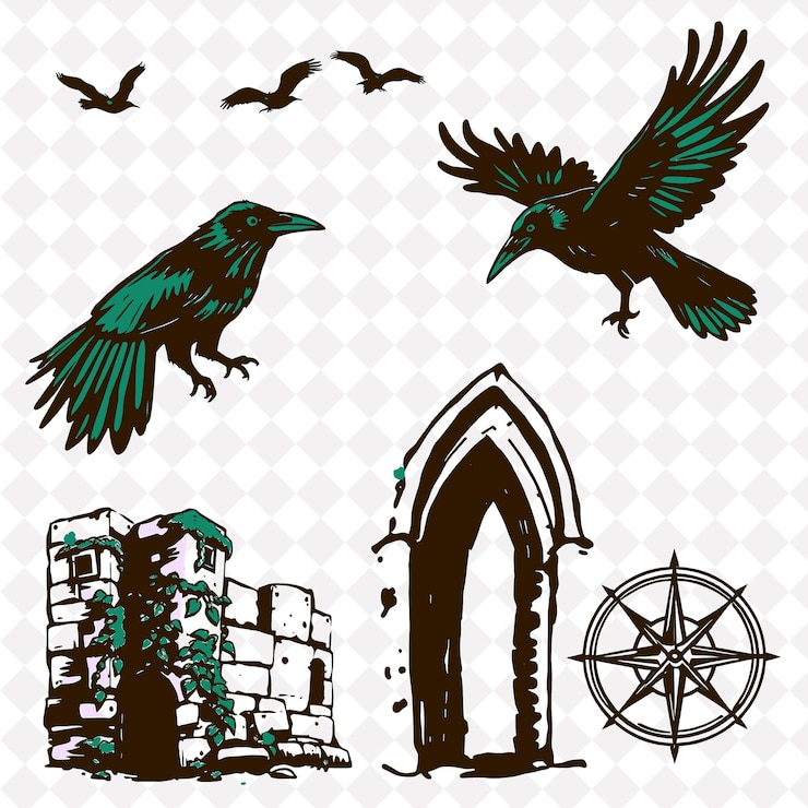 PSD ilustraciónravens arcos góticos muros de piedra brújulas encantadas cuervos volando a través del cielo g