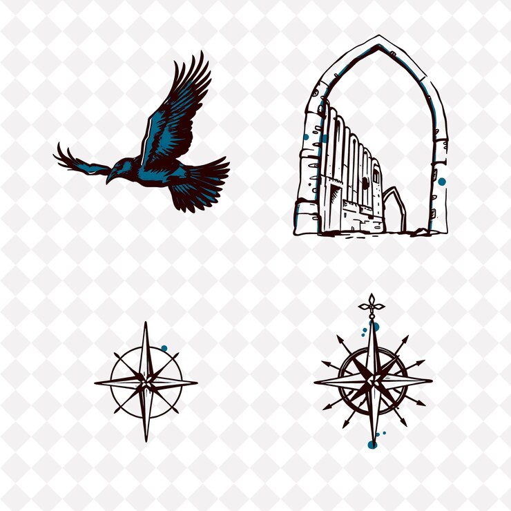 PSD ilustraciónravens arcos góticos muros de piedra brújulas encantadas cuervos volando a través del cielo g