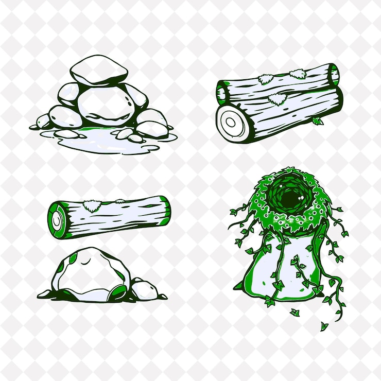 PSD ilustraciónriver rocks mossy logs squirrel nests ivy smooth river rocks stacked along streams mo