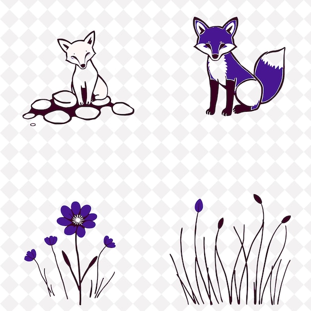 IlustraciónRuchas rocas flores hojas de hierba zorros curiosos explorando su entorno