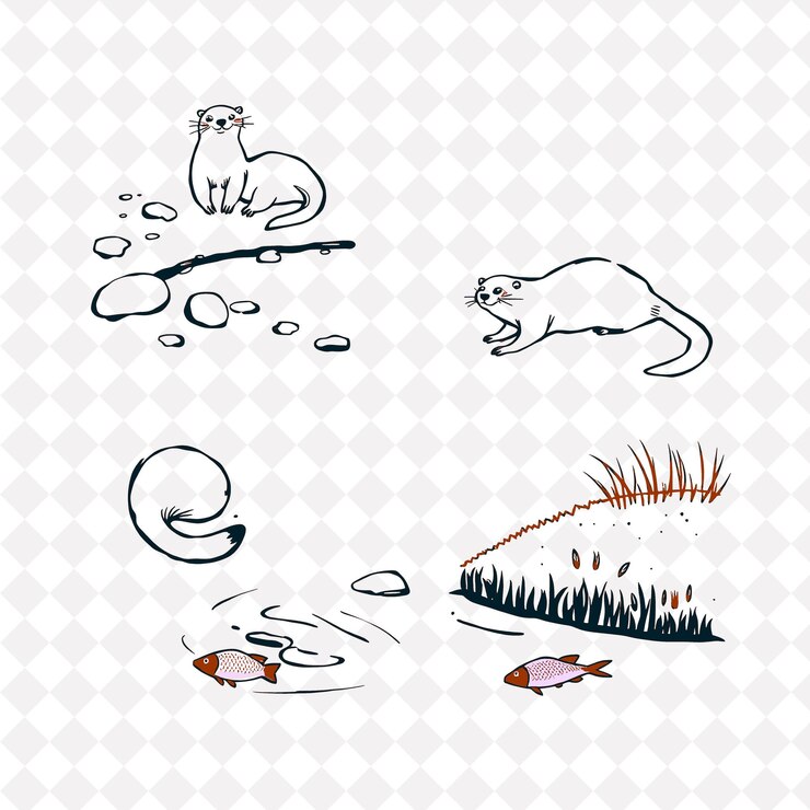 PSD ilustraciónutras orillas rocas peces nutrias jugando a lo largo de la orilla rocas lisas esparcidas a