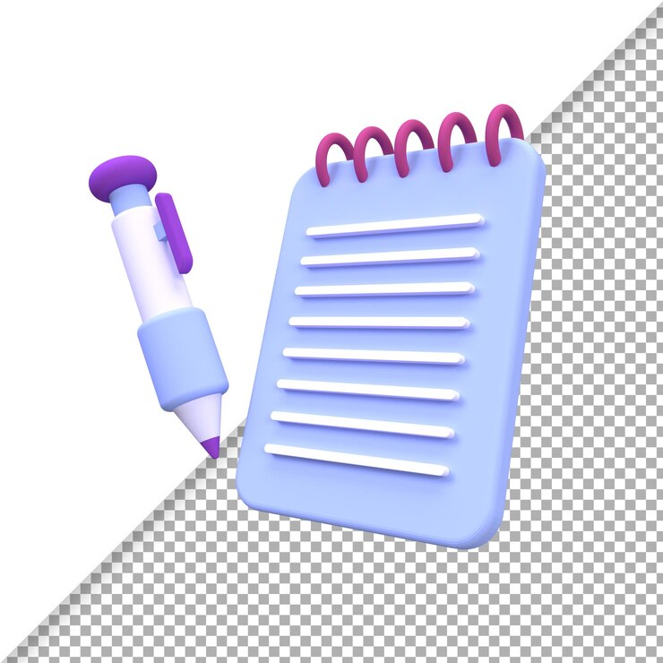 PSD ilustrační pozadí s poznámkovým blokem a tužkou, 3d ikona pro koncept obchodního nápadu