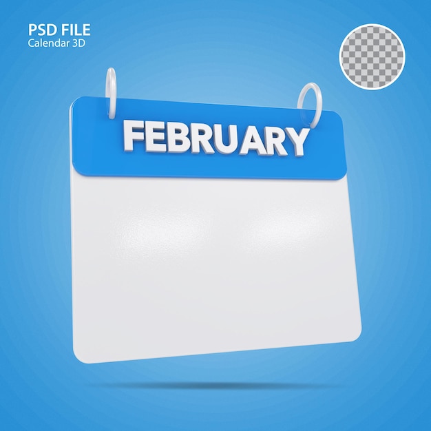 PSD ilustrações 3d calendário de fevereiro azul