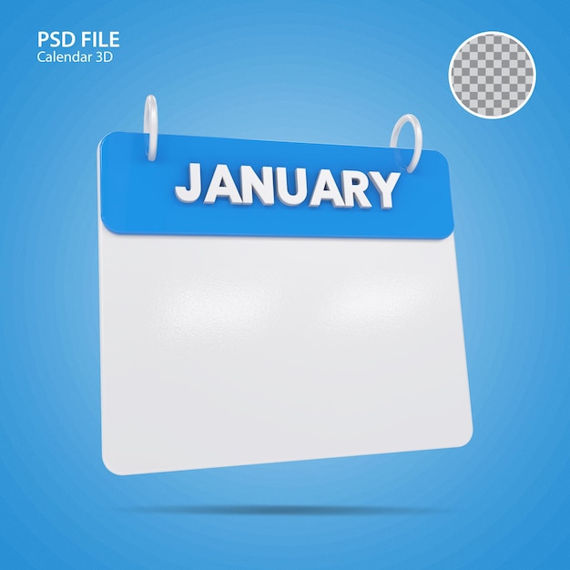 PSD ilustrações 3d calendário de janeiro azul