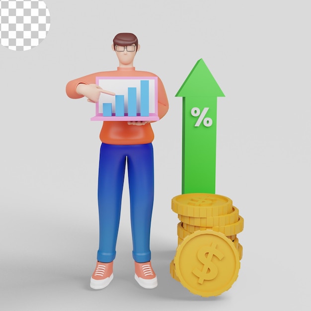 Ilustrações 3D. Conceitos de análise de investimento, retorno do investimento, crescimento do investimento. Psd Premium