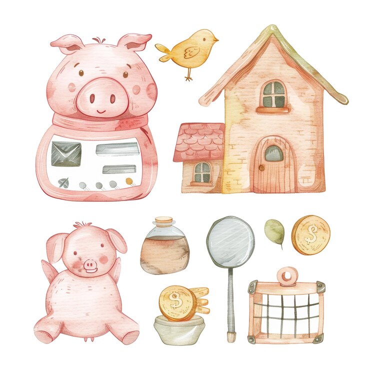 PSD ilustrações com tema de fazenda de aquarela para crianças com pássaro porco e casa