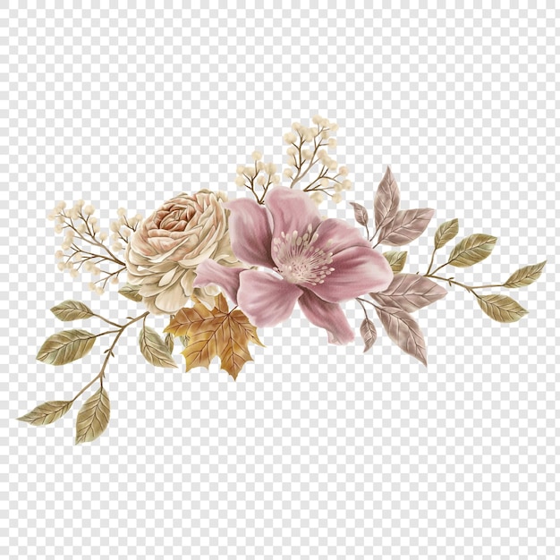 PSD ilustrações de flores outonais rústicas com cores de folhas de outono