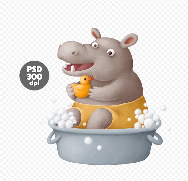 PSD ilustrações de hipopótamo fofo tomando banho