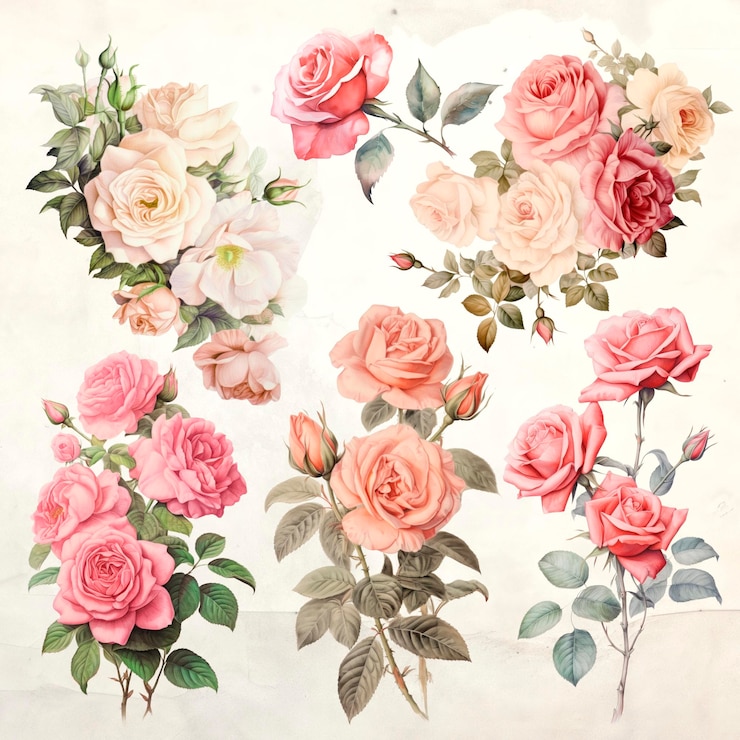 PSD ilustrações de rosas em aquarela floral vintage