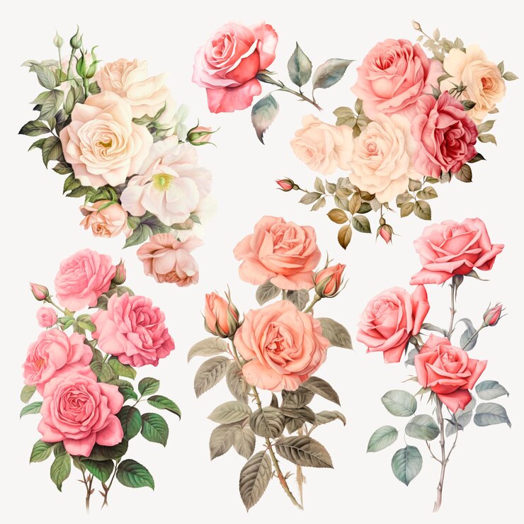 PSD ilustrações de rosas florais vintage