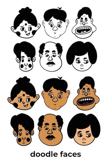 Ilustrações desenhadas à mão de rostos com expressões