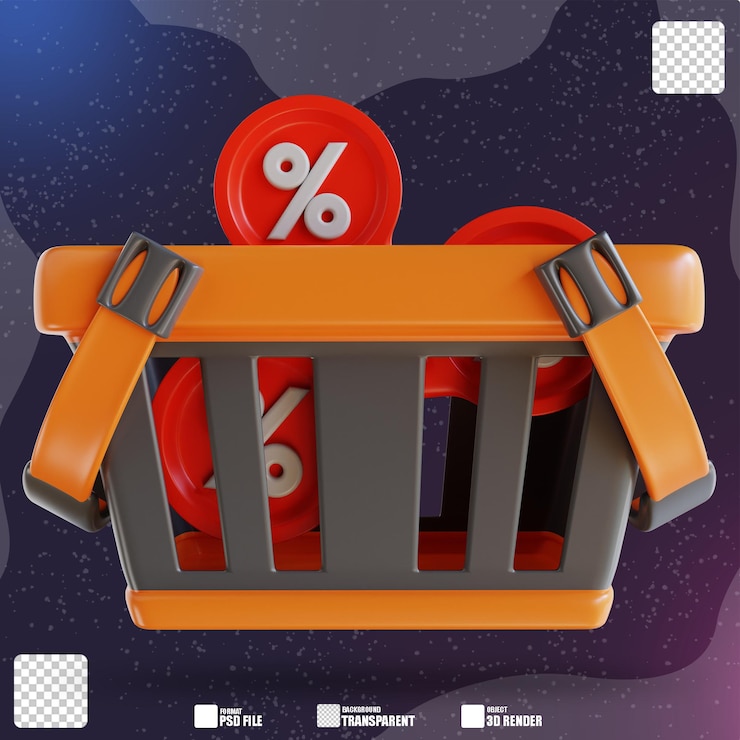 PSD ilustrasi 3d diskon dan keranjang belanja