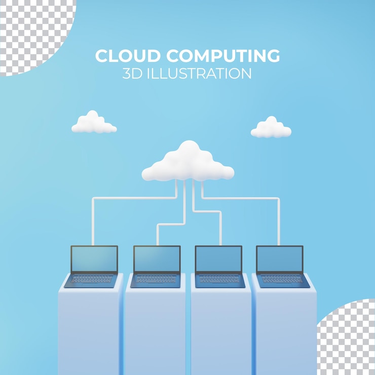 PSD ilustrasi 3d komputasi awan dengan laptop rendering 3d