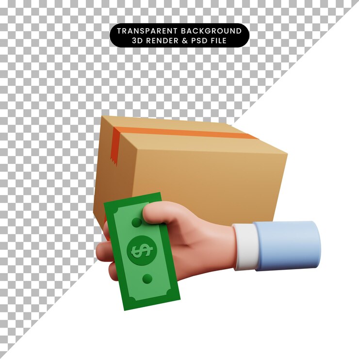 PSD ilustrasi 3d konsep pembayaran di tempat, kotak, tangan, uang
