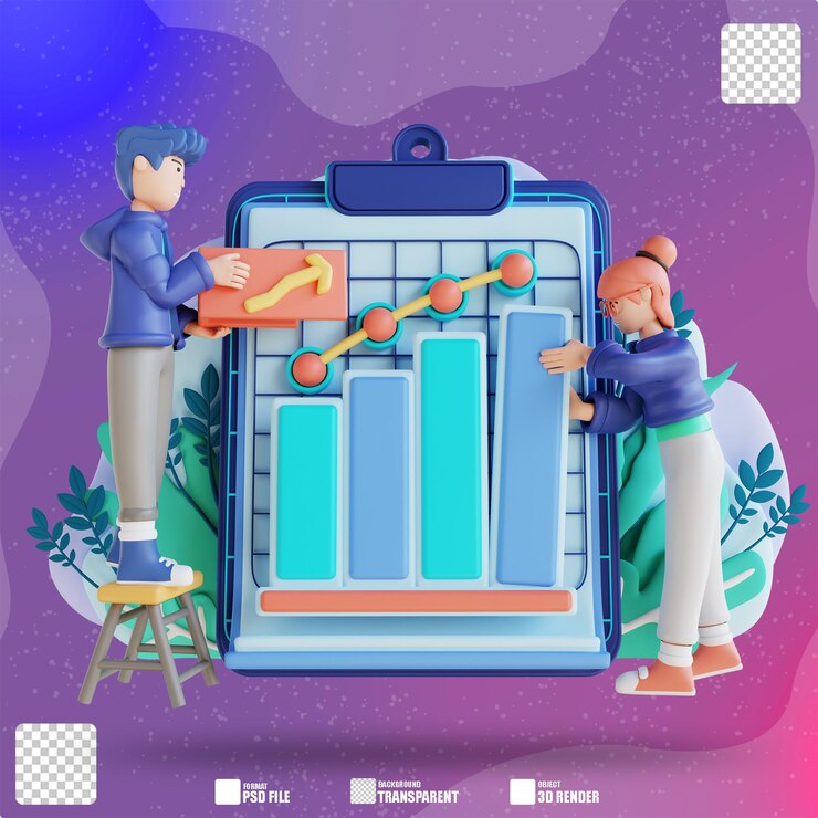 PSD ilustrasi 3d laporan data analisis karakter naik