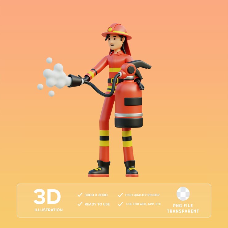 PSD ilustrasi 3d psd petugas pemadam kebakaran wanita membawa alat pemadam api
