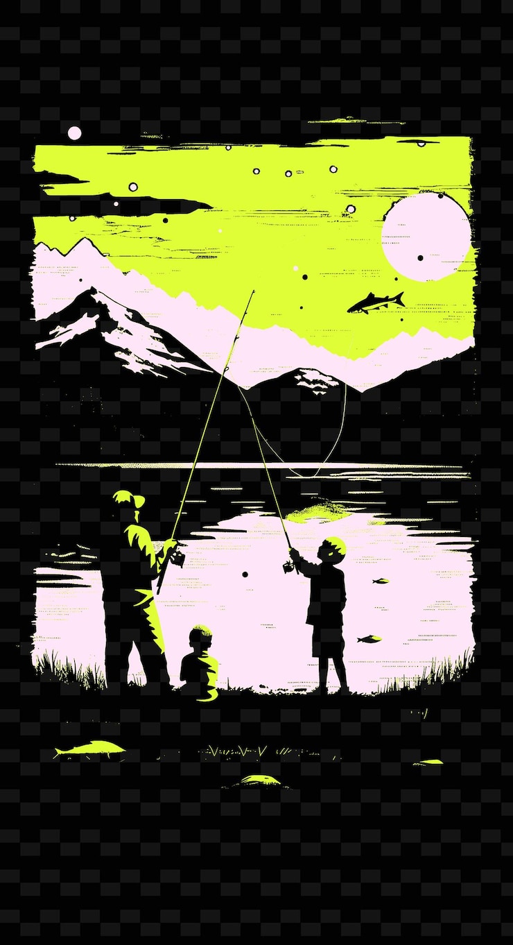 PSD ilustrasi ayah mengajari anaknya cara memancing di tepi danau yang tenang dengan desain karya seni ilustrasi png