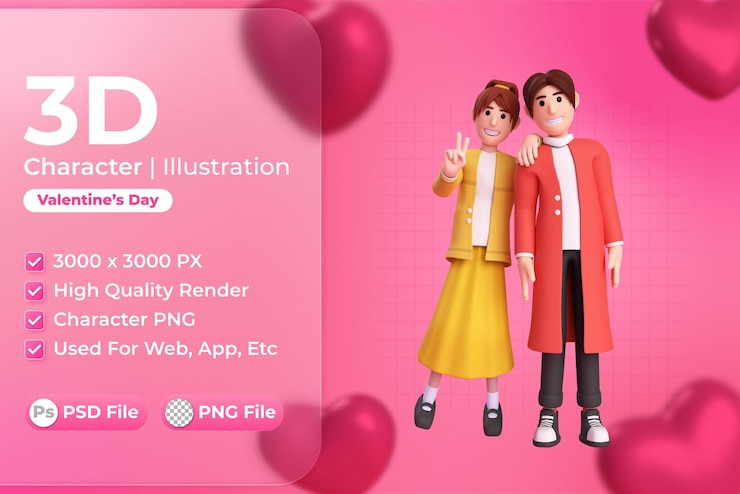 PSD ilustrasi karakter 3d pasangan hari valentine