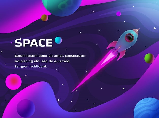ilustrasi luar angkasa dengan roket dan planet