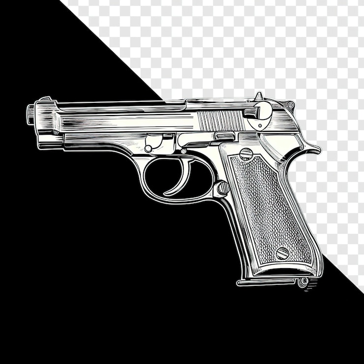 PSD ilustrasi pistol antik tampilan samping dengan latar belakang hitam