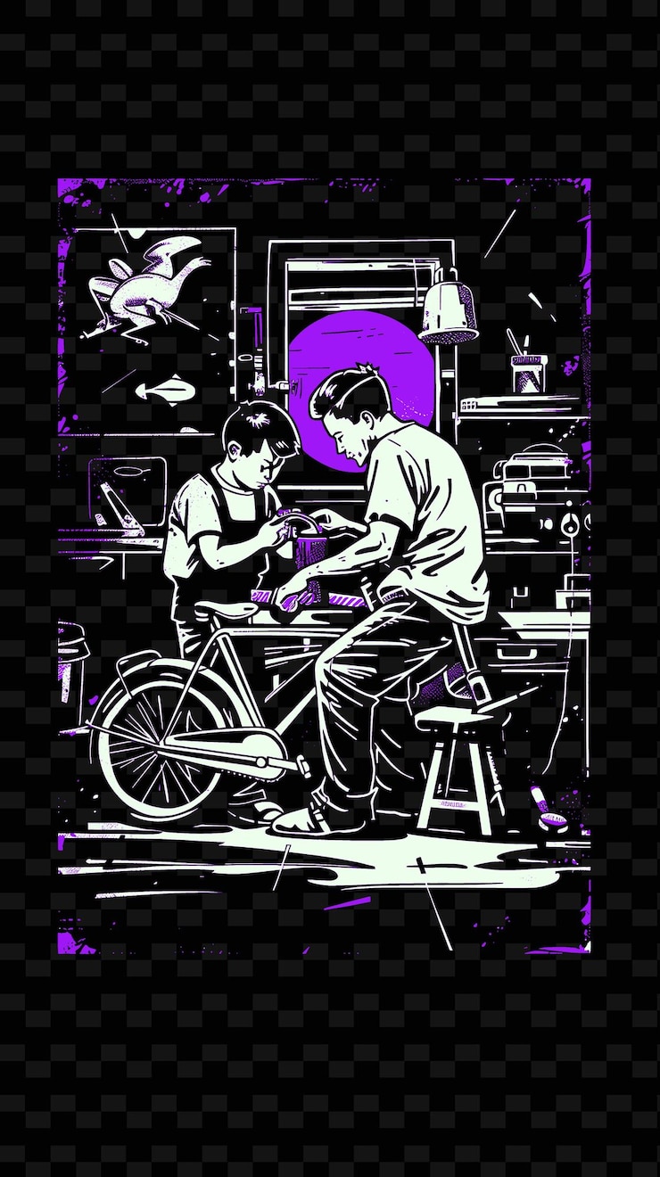 PSD ilustrasi png ayah dan anak memperbaiki sepeda bersama di desain karya seni ilustrasi bengkel industri