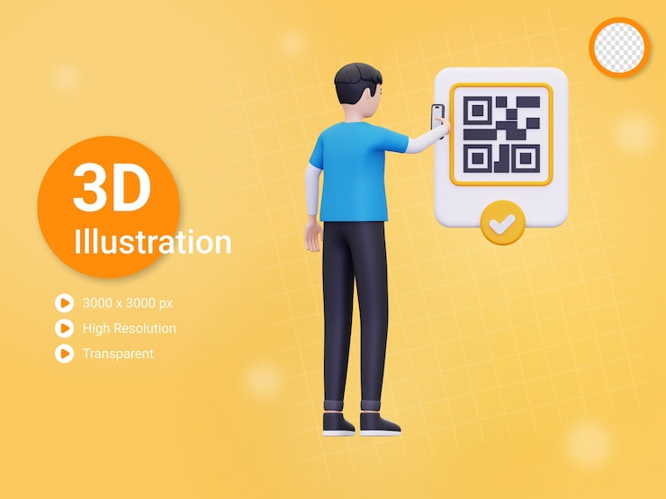 PSD ilustrasi pria 3d memindai kode batang menggunakan ponsel cerdas