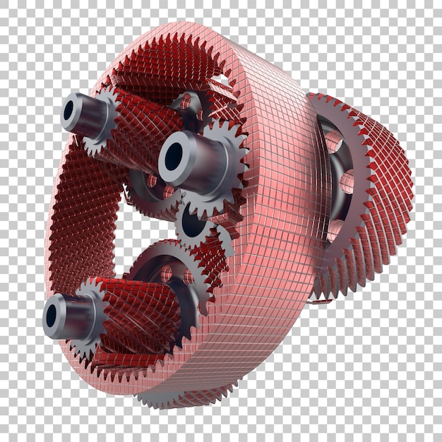 Ilustrasi render 3D roda gigi transmisi pada latar belakang transparan