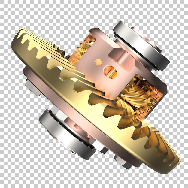 Ilustrasi render 3D roda gigi transmisi pada latar belakang transparan