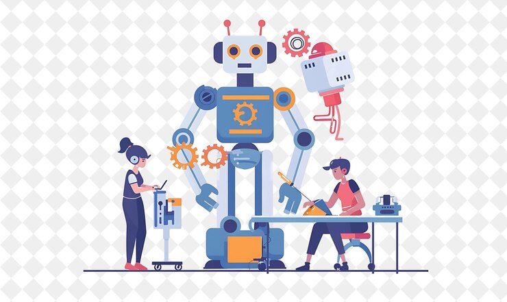 PSD ilustrasi teknik robotika futuristik dengan karakter membangun dan orang-orang png dalam ilustrasi kerja sehari-hari