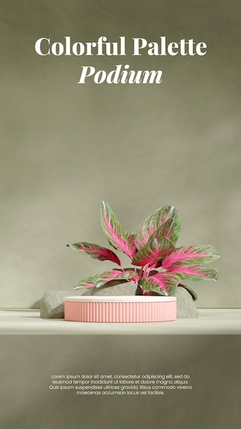 im Porträt grüner Felsen und rote Aglaonema-Pflanze 3D-Bild rendern Szenenvorlage weiß rosa Podium