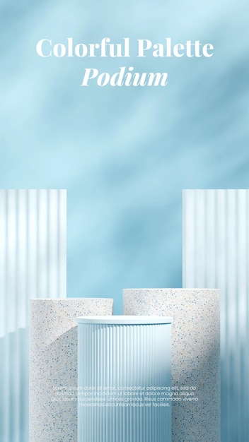 im Porträt mit blauem Hintergrund 3D-Rendering leeres Mockup-Terrazzo-Podium