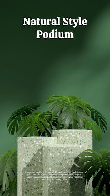 Im porträt monstera blatt zimmerpflanze 3d-bild rendern leeren raum grüner terrazzo strukturiertes podium