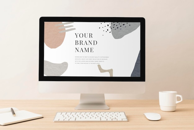 iMac-Bildschirm-Mockup PSD minimaler Arbeitsraum sauberes Innenarchitektur