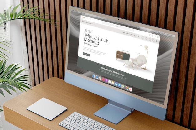 iMac dans le scénario d'accueil Mockup vue à haut angle