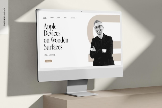 PSD imac em superfície de madeira mockup vista esquerda