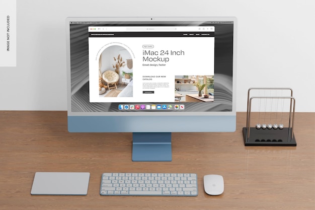 iMac en el escenario de Office Mockup vista de ángulo alto