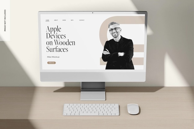 iMac en la superficie de madera Mockup vista delantera