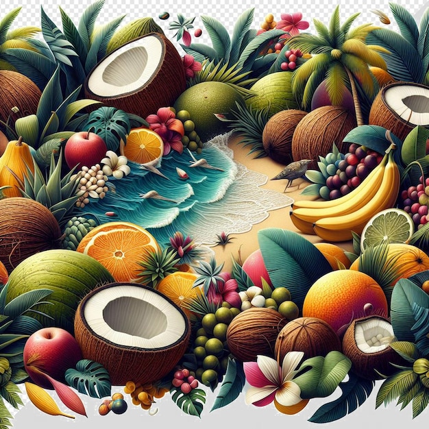 PSD une image d'un bouquet de fruits avec un dessin qui dit noix de coco