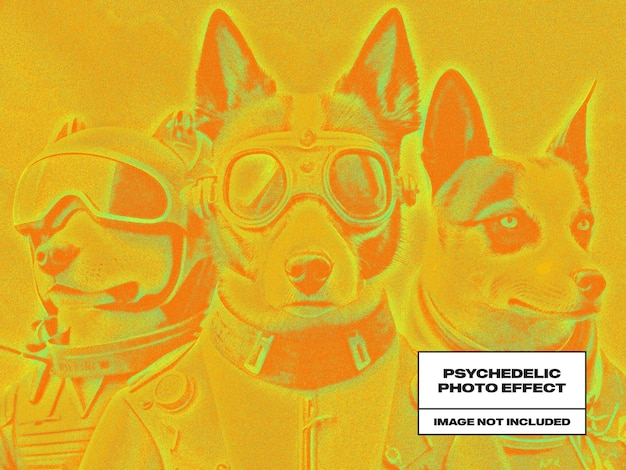 PSD une image de chiens portant des lunettes et un masque à gaz est affichée sur un fond jaune.