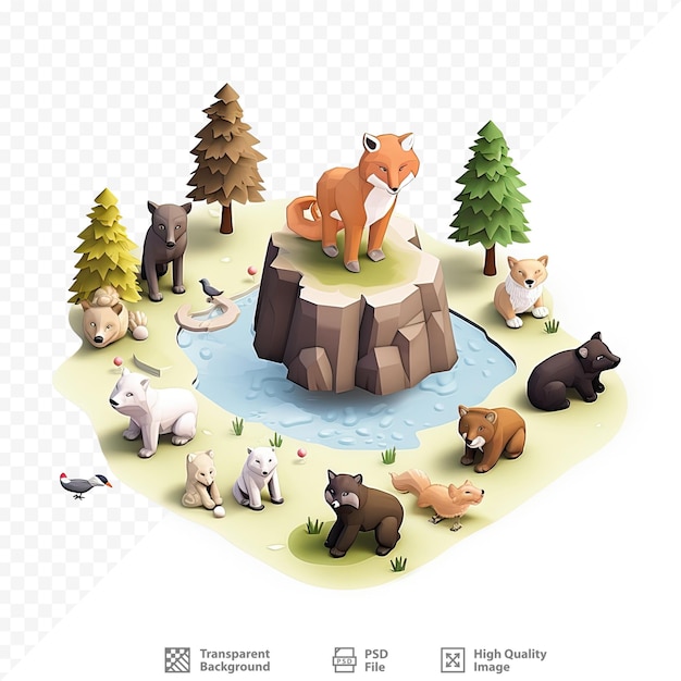 PSD une image d'une forêt avec des animaux et des arbres.