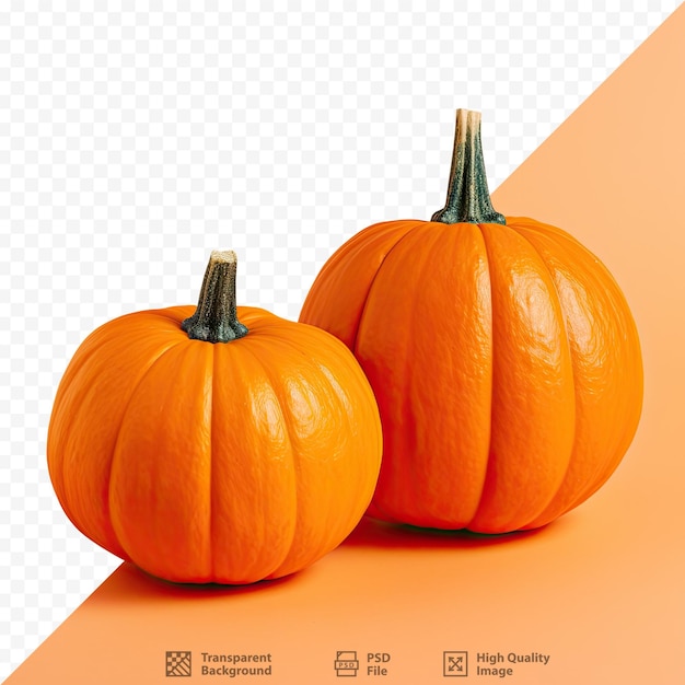 PSD image en gros plan au format carré du concept de recette pour la cuisine d'halloween avec deux citrouilles orange sur fond transparent avec espace de copie