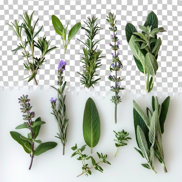 PSD une image d'herbes et de lavande sur un fond à carreaux