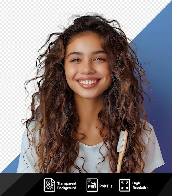 PSD image d'humeur joyeuse une femme aux cheveux bruns et un visage souriant tient une brosse à dents blanche dans sa main portant une chemise blanche et montrant ses yeux bruns sourcils et png psd