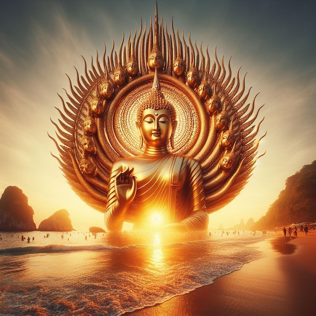 PSD image hyper réaliste d'un portrait majestueux de la statue de bouddha dorée et colorée sur la plage.