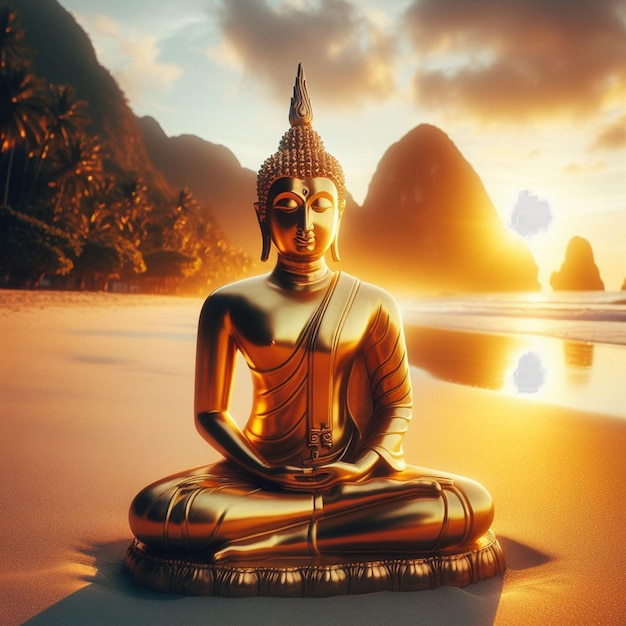 PSD image hyper réaliste d'un portrait majestueux de la statue de bouddha dorée et colorée sur la plage.