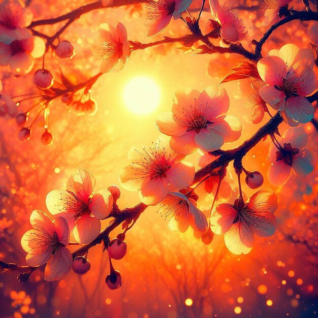 PSD image hyperréaliste au printemps coloré sakura fleur de cerisier festival matin rosée coucher du soleil hanami vue