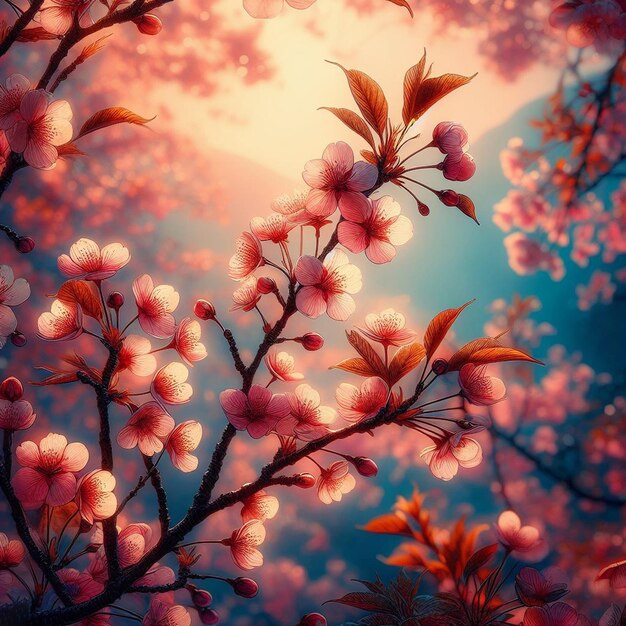 PSD image hyperréaliste au printemps coloré sakura fleur de cerisier festival matin rosée coucher du soleil hanami vue